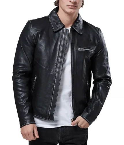 Black Shirt Collar Leather Jacket