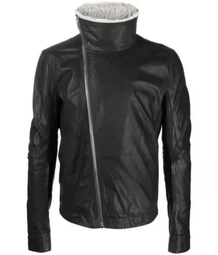 Men’s Black Fur Lining Asymmetric Leather Jacket