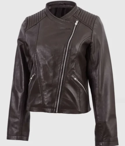 Women’s Brown Leather Cross-Zip Jacket