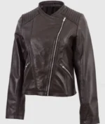 Women’s Brown Leather Cross-Zip Jacket-3