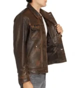 Distressed Brown Shirt Collar Leather Jacket-2