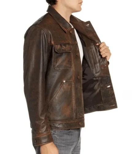 Distressed Brown Shirt Collar Leather Jacket-2