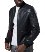 Black Bomber Leather Jacket Men-3