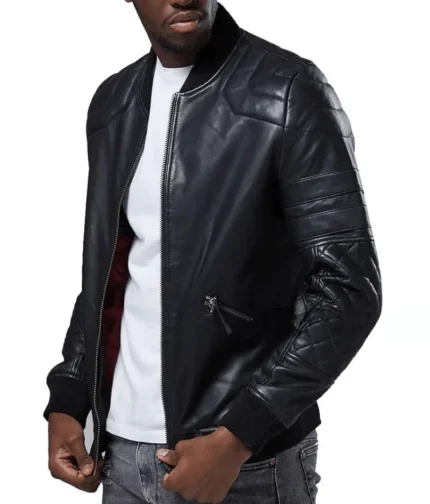 Black Bomber Leather Jacket Men-3