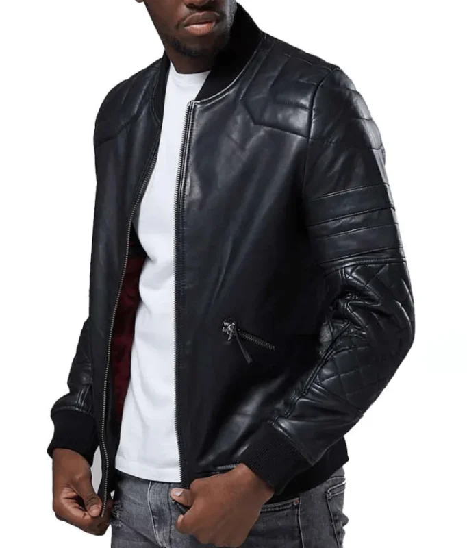 Black Bomber Leather Jacket Men-3