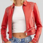 Women’s Studded Red Cropped Leather Jacket
