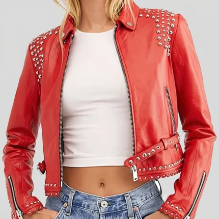Women’s Studded Red Cropped Leather Jacket