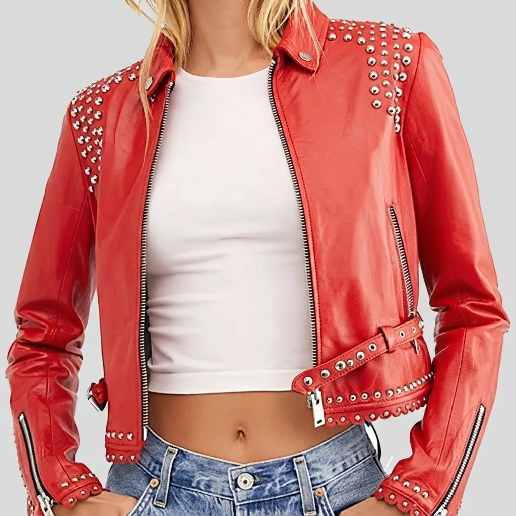 Women’s Studded Red Cropped Leather Jacket Women’s Studded Red Cropped Leather Jacket