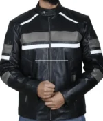 Men’s Black Classic Strips Pattern Leather Jacket-3
