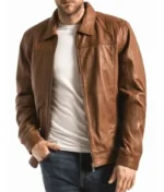 Brown Shirt Collar Leather Jacket For Men