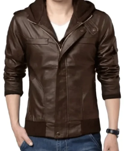 Men’s Brown Leather Hoodie Jacket