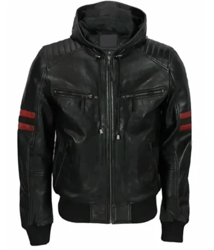Men’s Black Leather Hoodie Jacket