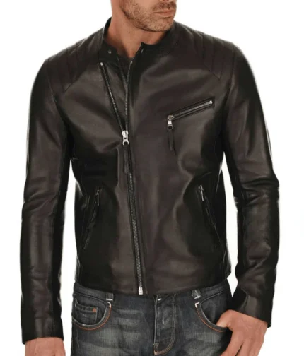 Black Slim Fit Leather Jacket Men-3