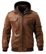 Men’s Brown Leather Hooded Jacket