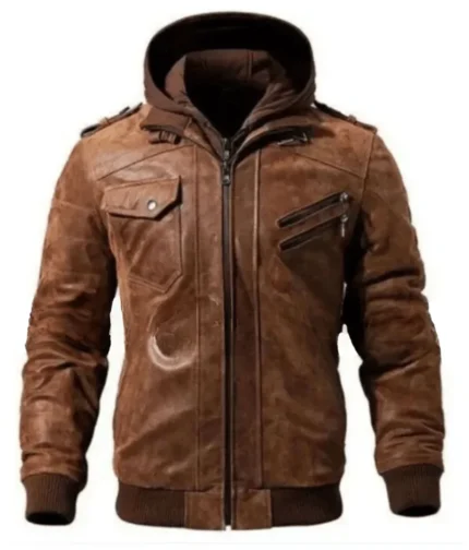 Men’s Brown Leather Hooded Jacket