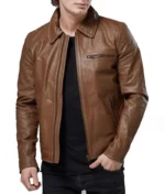 Brown Shirt Collar Leather Jacket Men