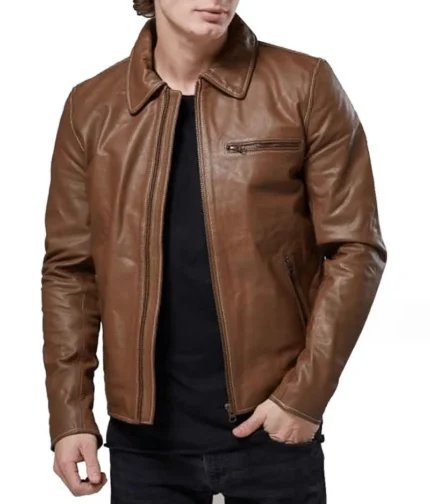 Brown Shirt Collar Leather Jacket Men