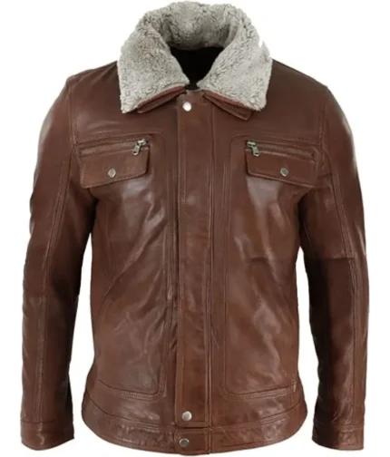 Men’s Tan Leather Shearling Collar Jacket