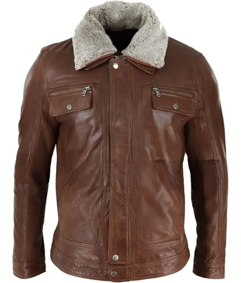 Men’s Tan Leather Shearling Collar Jacket Men’s Tan Leather Shearling Collar Jacket