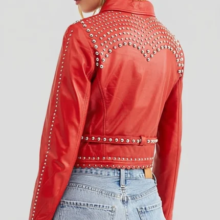 Women’s Studded Red Cropped Leather Jacket-2