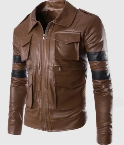 Men’s Brown Leather Black Stripped Jacket