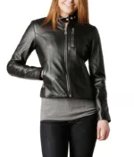 Black Slim Fit Leather Jacket Women-1