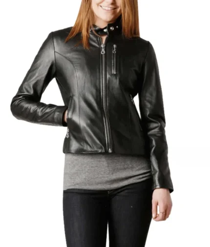 Black Slim Fit Leather Jacket Women-1