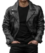 Distressed Black Biker Leather Jacket-5