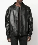 Men’s Black Leather Long Sleeves Bomber Jacket