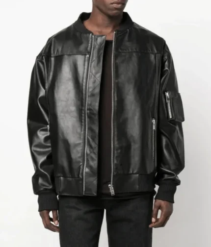 Men’s Black Leather Long Sleeves Bomber Jacket