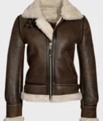 Distressed Women Brown Shearling Leather Jacket