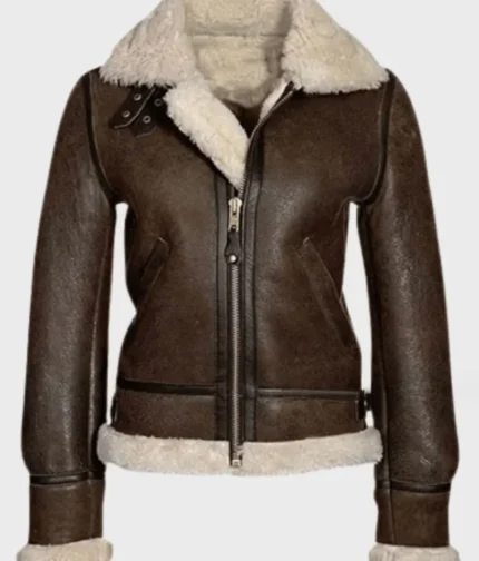 Distressed Women Brown Shearling Leather Jacket