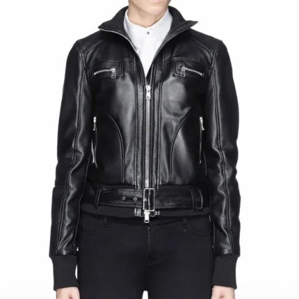 Black Belted Leather Jacket Women-2