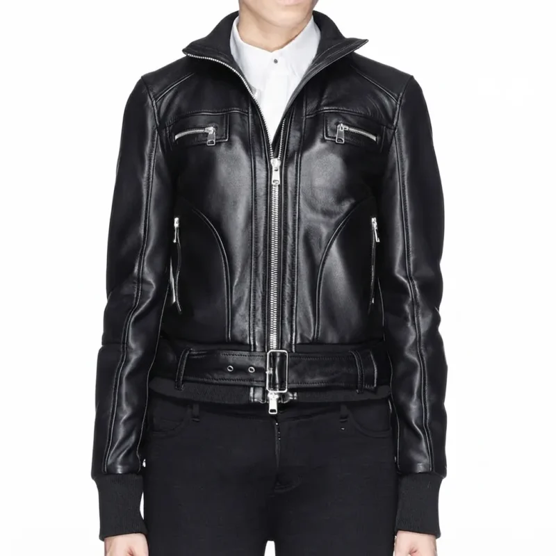 Black Belted Leather Jacket Women-2