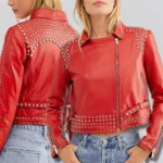 Women’s Studded Red Cropped Leather Jacket-3