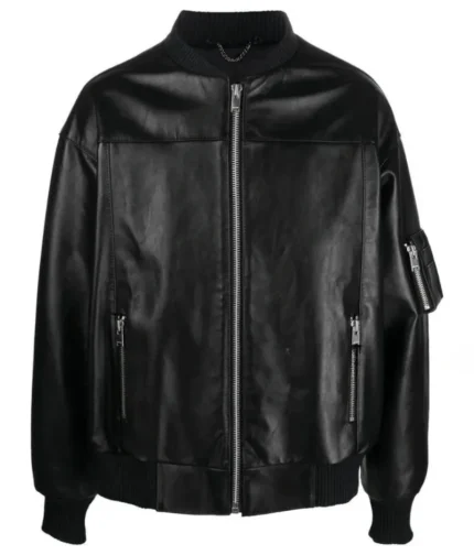 Men’s Black Leather Long Sleeves Bomber Jacket-1