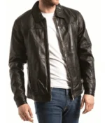 Black Shirt Collar Leather Jacket For Men’s