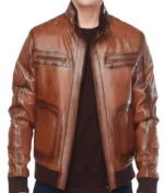 Men’s Tan Brown Waxed Bomber Leather Jacket-3