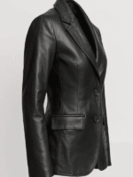 Women's Black Two-Button Leather Blazer-5