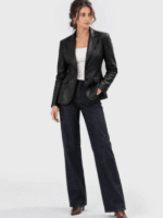 Women's Black Two-Button Leather Blazer-1