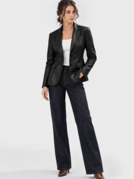 Women's Black Two-Button Leather Blazer-1