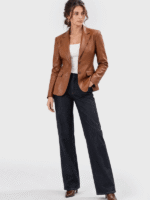 Women's Brown Two-Button Leather Blazer-1