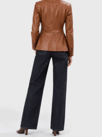 Women's Brown Two-Button Leather Blazer-2