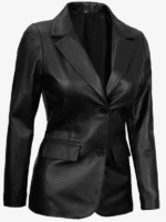 Women's Black Two-Button Leather Blazer-2