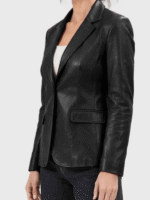 Women's Black Two-Button Leather Blazer-3